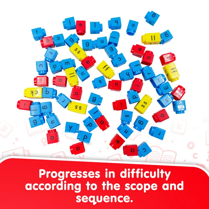 Scattered red, blue, and yellow interlocking plastic blocks printed with lowercase letters and phonemes.