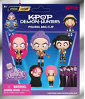 Packaging for a Netflix K-Pop Demon Hunters figural bag clip showing multiple stylized anime-style characters.
