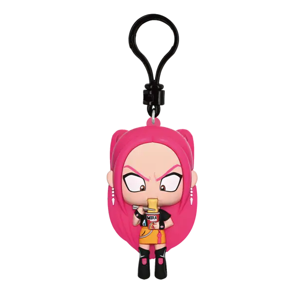 Pink-haired Mira bag clip eating ramen from a cup with chopsticks, wearing a black top and yellow skirt.