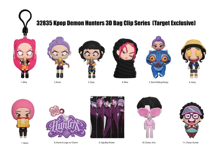 Collection of eleven colorful 3D bag clips and charms featuring stylized anime characters, logo, and mini posters.