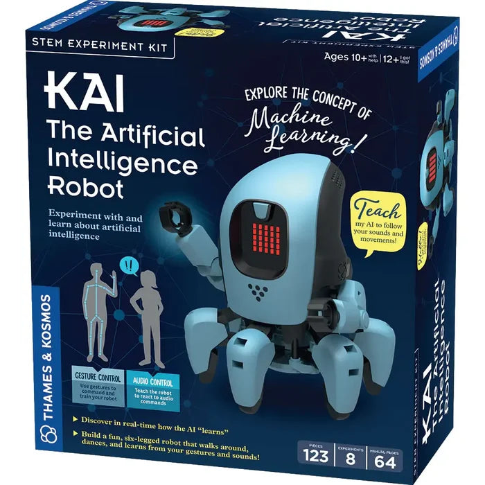 KAI STEM kit box featuring a light blue six-legged robot with a red LED face, text, and gesture control diagrams.