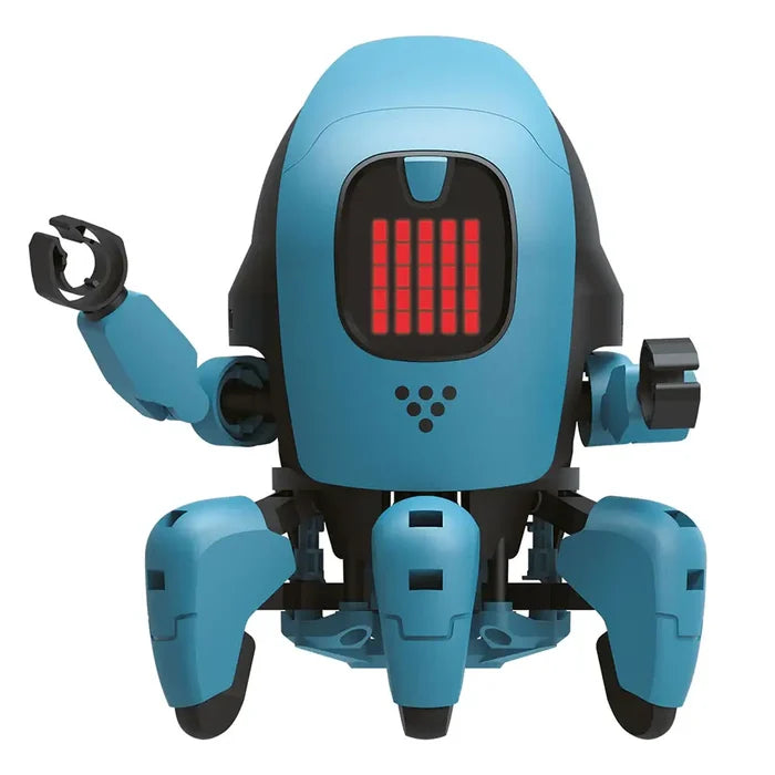 A small blue and black six-legged robot with two arms and a red grid digital display on its face.