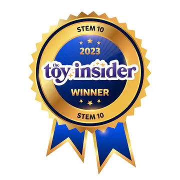 Gold and blue serrated award badge with hanging ribbons, labeled The Toy Insider 2023 STEM 10 Winner.