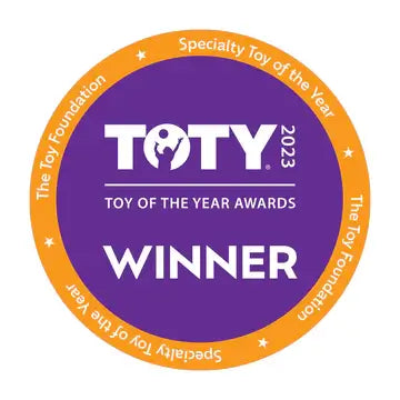 Purple and orange circular award seal for the 2023 Toy of the Year Awards Winner for Specialty Toy of the Year.