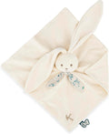 Cream corduroy bunny comforter with long ears, floral patterned bow tie, and embroidered K on a square blanket.