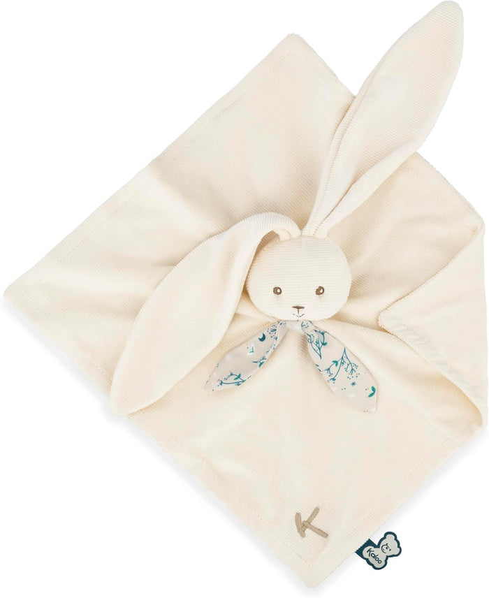 Cream corduroy bunny comforter with long ears, floral patterned bow tie, and embroidered K on a square blanket.