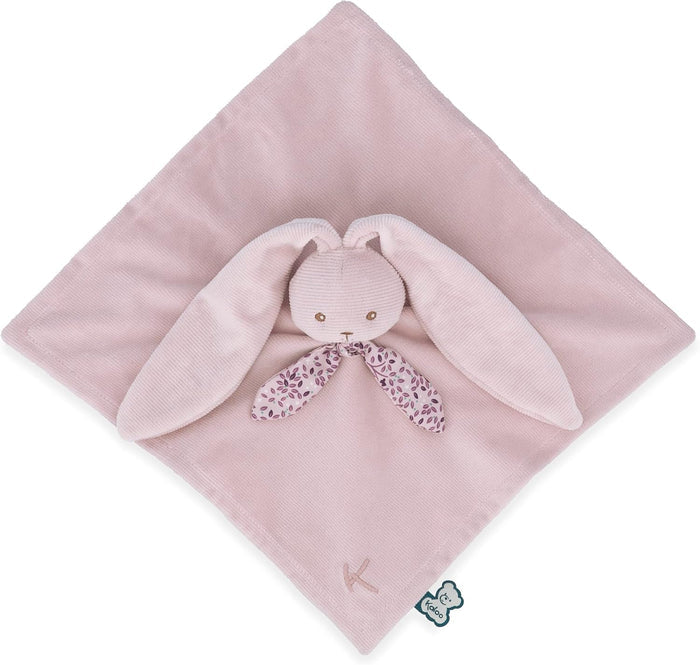 Pink corduroy baby comforter featuring a plush rabbit head with long ears and a floral print scarf.