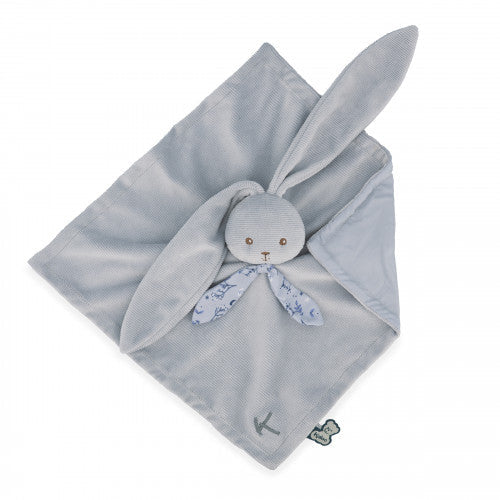 Light blue plush rabbit comforter featuring long floppy ears, a patterned bow tie, and a square soft blanket.