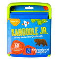 Kanoodle Jr. puzzle game in a blue and green portable case with 60 puzzles, featuring a rocket and a bear.
