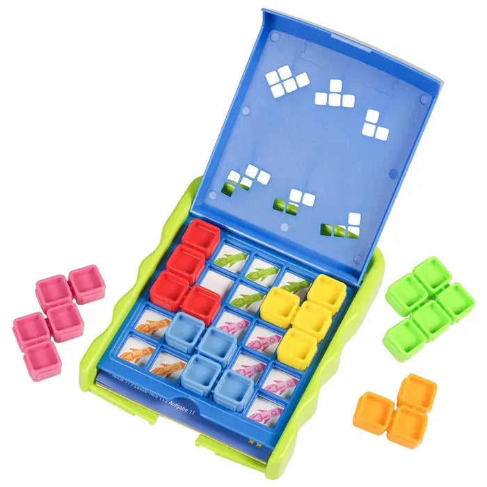 Open blue and lime green puzzle case with colorful 3D square-based blocks on a grid and scattered pieces.