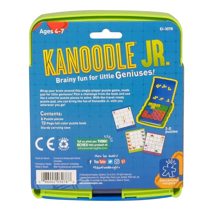 Back of Kanoodle Jr. packaging showing game instructions, age range 4-7, and images of the blue case and colorful pieces.