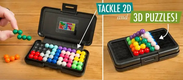 Colorful bead pieces in a black portable case shown in flat 2D and 3D pyramid patterns on a wooden surface.