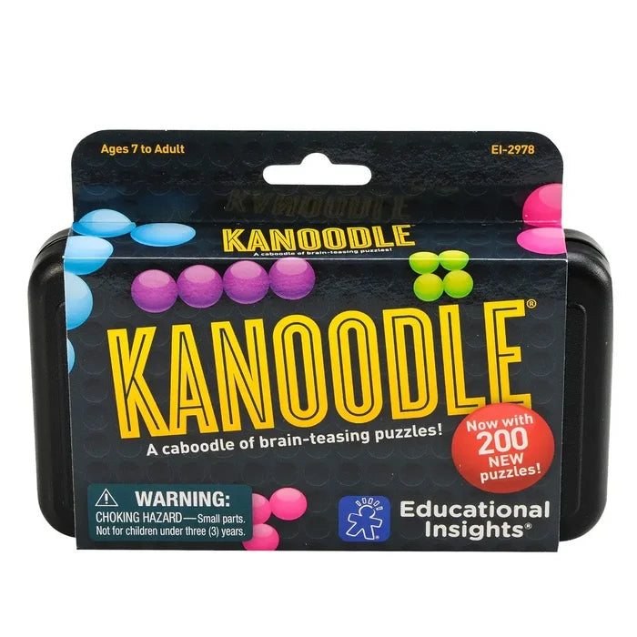 Black portable case with bold yellow Kanoodle logo, colorful bead graphics, and a red circle saying 200 new puzzles.