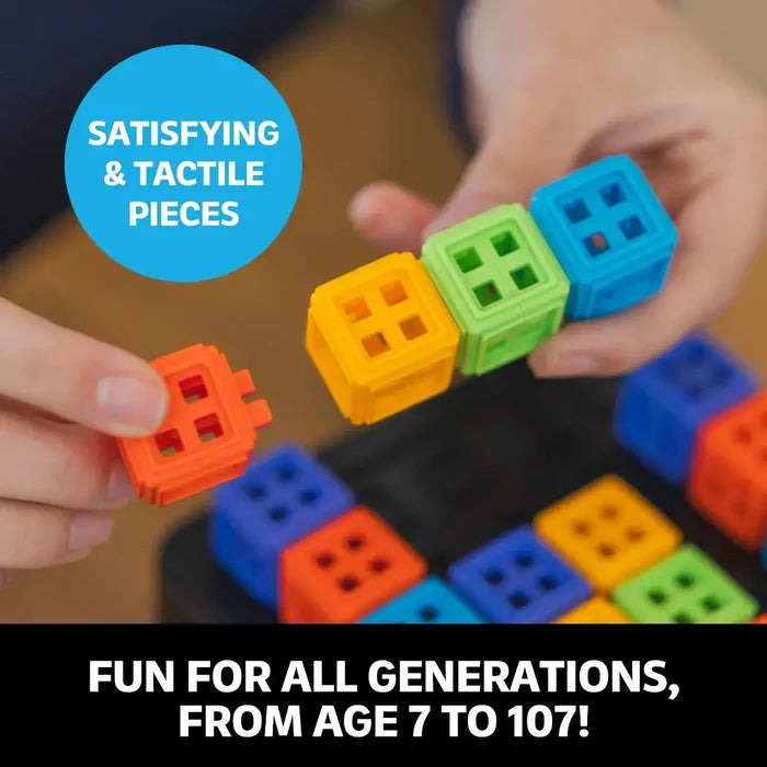 Hands connecting colorful cubic puzzle pieces with hole patterns. Text: Tactile pieces for ages 7 to 107.