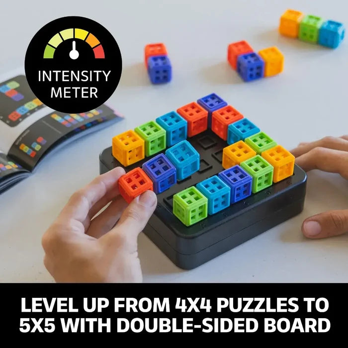 Hands placing colorful hollow plastic cubes onto a black 5x5 grid board with an intensity meter graphic.