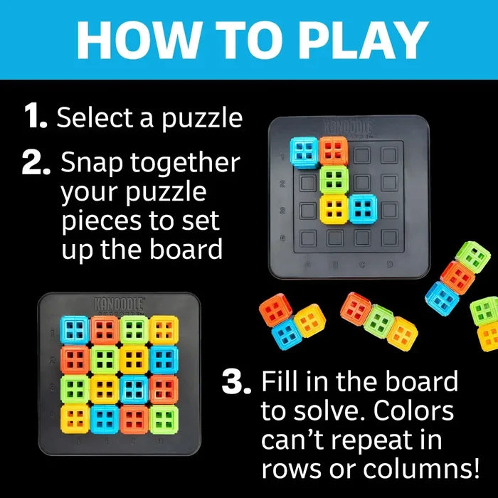 Infographic showing how to snap together colorful cubes and place them on a 4x4 grid to solve a logic puzzle.
