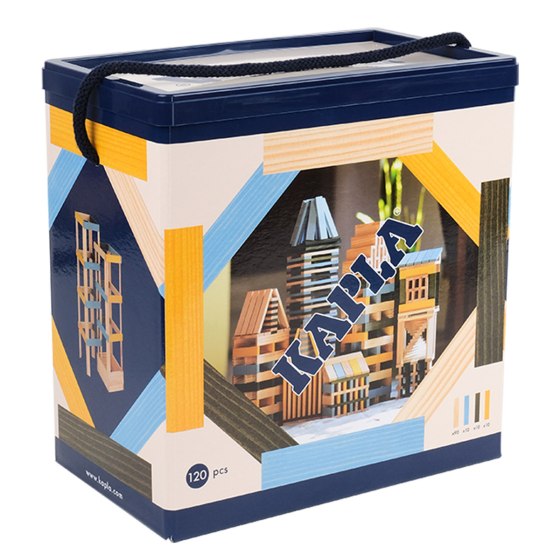 Rectangular box with blue trim and rope handle, showing images of built block towers and 120 colorful wood pieces.