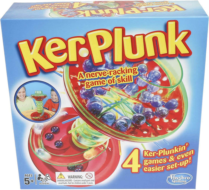 Blue board game box showing purple marbles held by colorful sticks in a clear tower above a red plastic base.