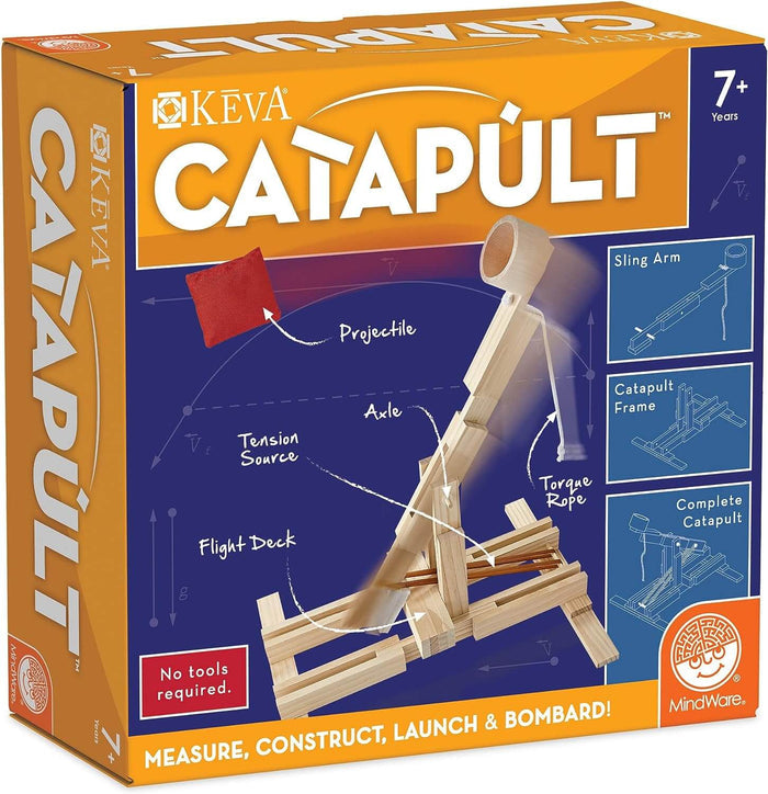 Orange box for KEVA Catapult kit showing a wooden model launching a red beanbag with diagrams and labeled parts.