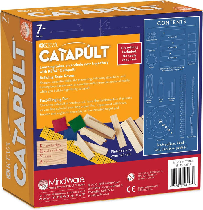 Orange and blue MindWare box for Keva Catapult showing wooden planks, bean bags, and a blueprint-style contents list.