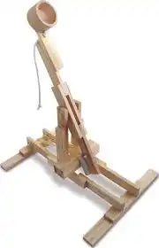Light wooden toy catapult with a tall launch arm, small cup, and hanging white string, built from interlocking planks.