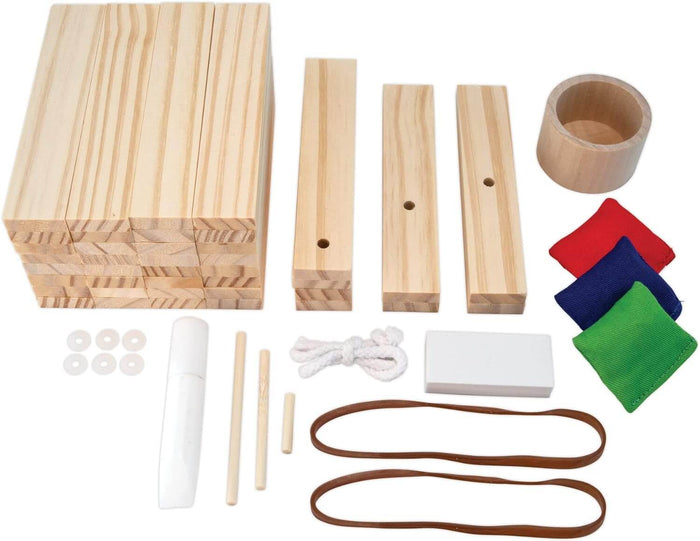 DIY catapult kit with natural wood blocks, a wood cup, colorful beanbags, rubber bands, and assembly hardware.