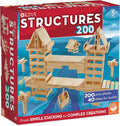 Red and blue box for a 200-piece wooden building set, featuring a large bridge and boat made of light pine planks.