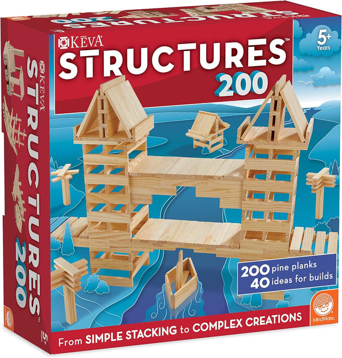 Red and blue box for a 200-piece wooden building set, featuring a large bridge and boat made of light pine planks.
