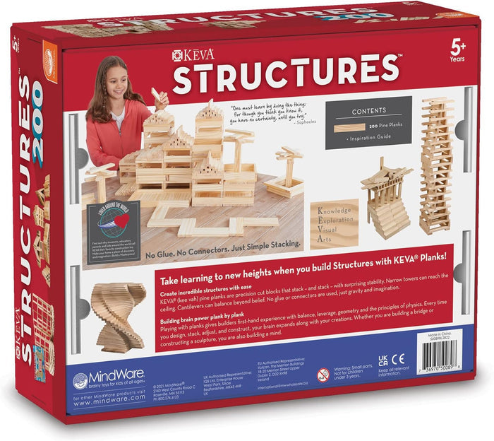 Red toy box for 200 pine planks featuring a girl, various wooden structures, and product information in white text.