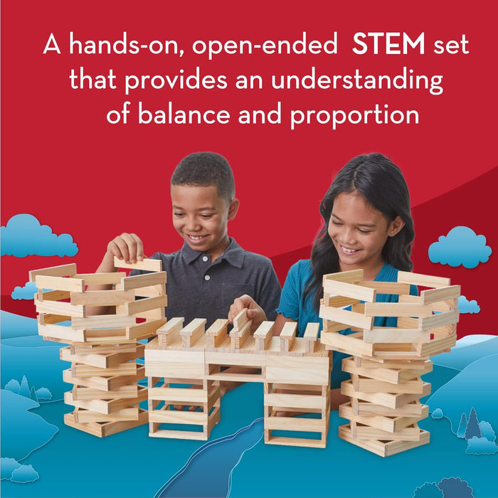 Two children building intricate towers and a bridge with small uniform wooden planks on a red and blue background.