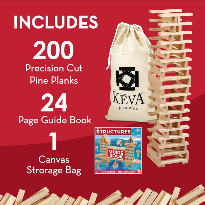 200 pine planks, a canvas bag, a guide book, and a tall tower structure displayed against a red background.