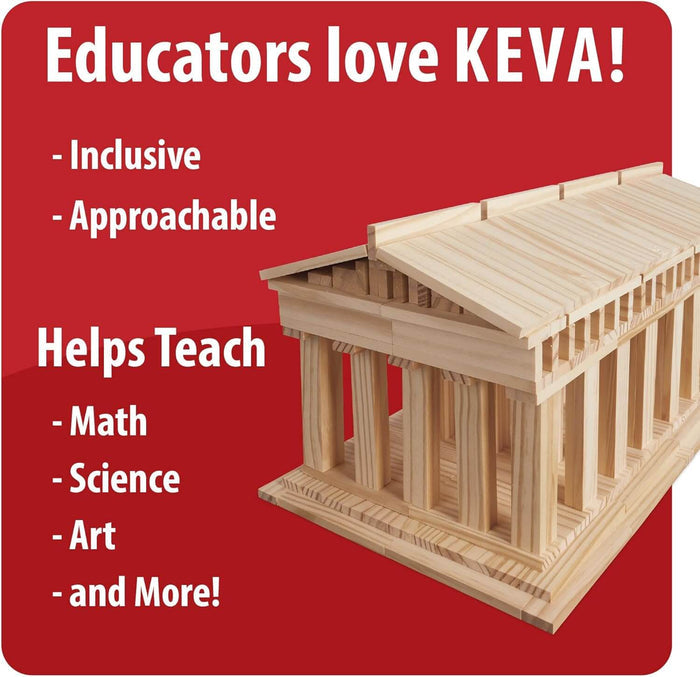 Red advertisement showing a Greek temple structure built from small wooden planks with text about educational benefits.