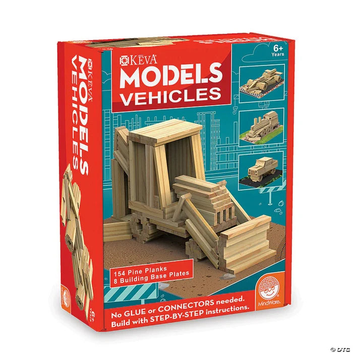 Red toy box featuring a large wooden excavator and smaller vehicle models built from light-colored pine planks.