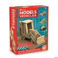 Red toy box featuring a large wooden excavator and smaller vehicle models built from light-colored pine planks.
