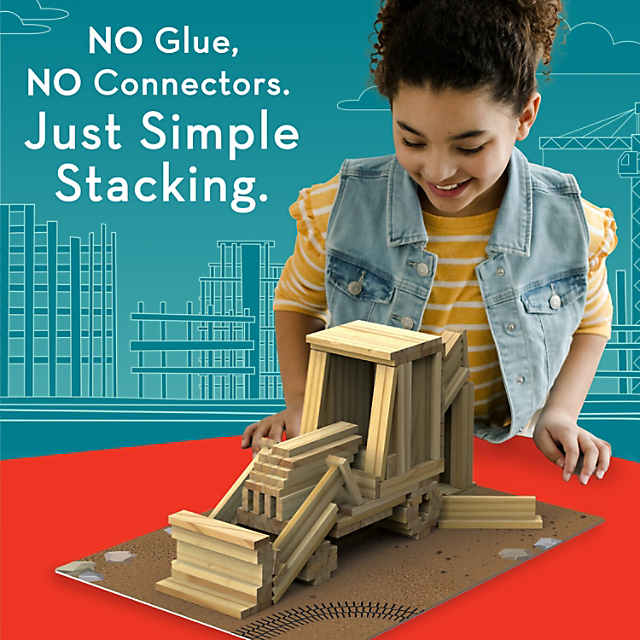 Girl looking at a bulldozer model built from stacked wooden planks. Teal background with sketches and marketing text.