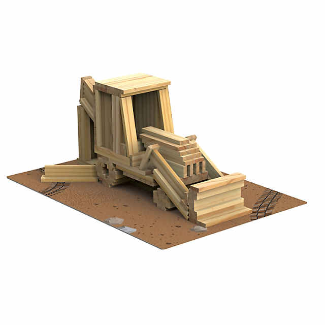 Toy bulldozer built from small natural wood planks on a brown play mat with tire track prints.