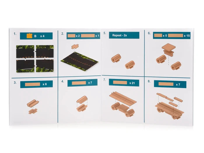 Instruction manual pages with eight numbered steps for assembling a wooden toy using planks and road tile pieces.