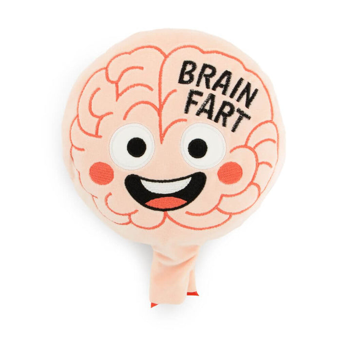 Pink brain-shaped whoopee cushion with a smiling cartoon face and the words BRAIN FART in bold black text.