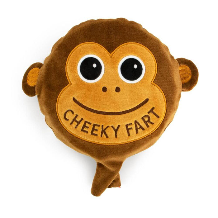 Plush brown monkey whoopee cushion with large eyes and Cheeky Fart text embroidered on its tan face.