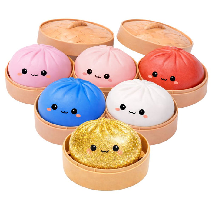 Six colorful bao bun squishies with cute faces in tan steamer baskets, including one gold glitter version.