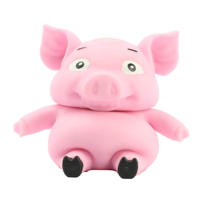 Pink squishy pig toy with large ears and black hooves, sitting and smiling on a white background.