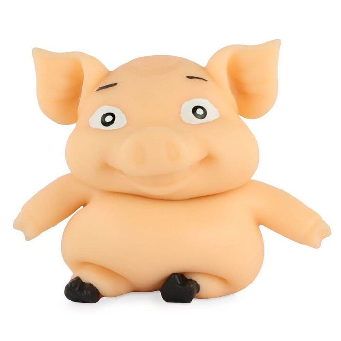 Peach-colored squishy toy pig with large ears, wide eyes, a big snout, and black hooves, sitting against white.
