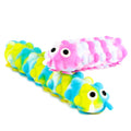 Two bumpy silicone caterpillar toys with big eyes: one pink and white marbled, one blue, green, and yellow marbled.