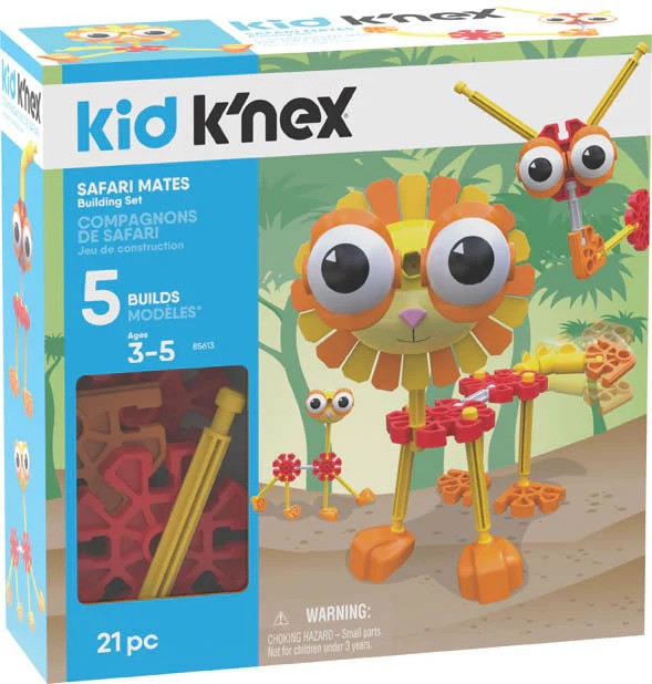 Kid K'NEX Safari Mates box featuring 21 colorful pieces and models of a toy lion, bird, and giraffe.