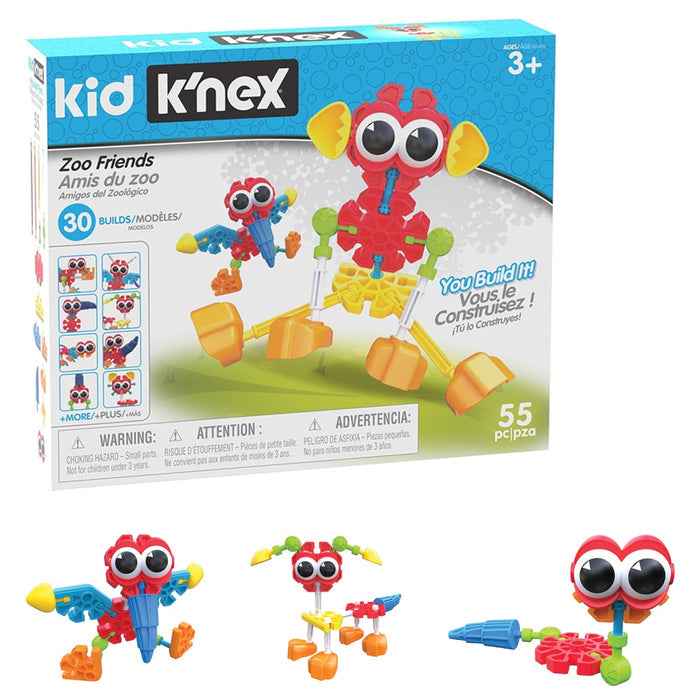 Building set box and colorful toy creatures with large googly eyes, made from bright plastic rods and connectors.