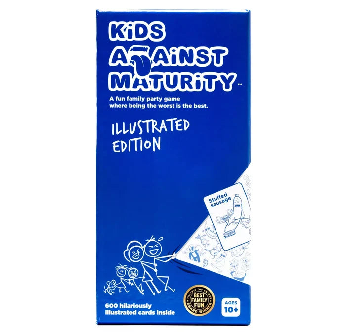 Blue rectangular game box with white line drawings, a flashlight beam revealing sample cards, and a toy award seal.