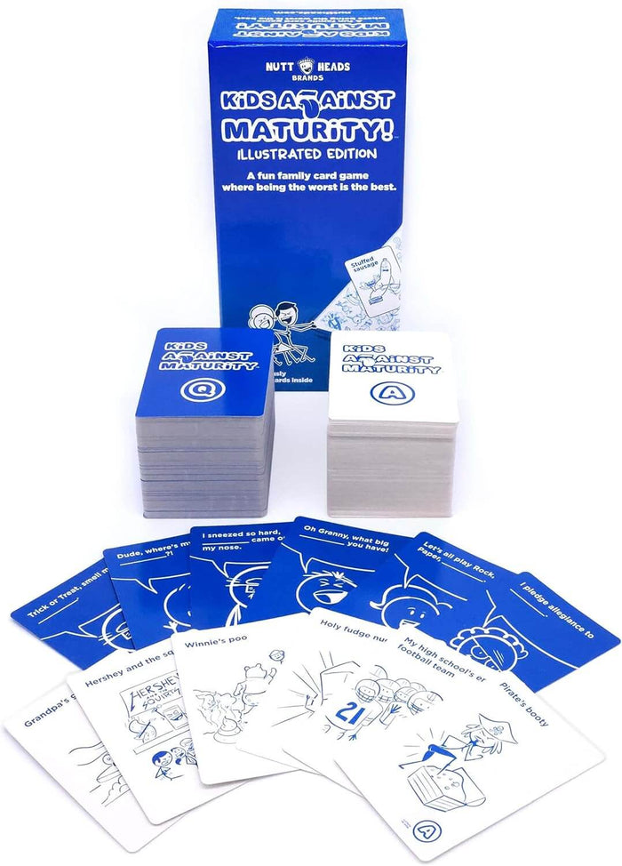 Vertical blue box with stacks and fanned out blue and white cards featuring humorous stick figure illustrations.