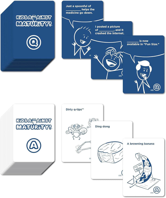 Blue and white illustrated cards featuring funny prompts and drawings from the Kids Against Maturity game.