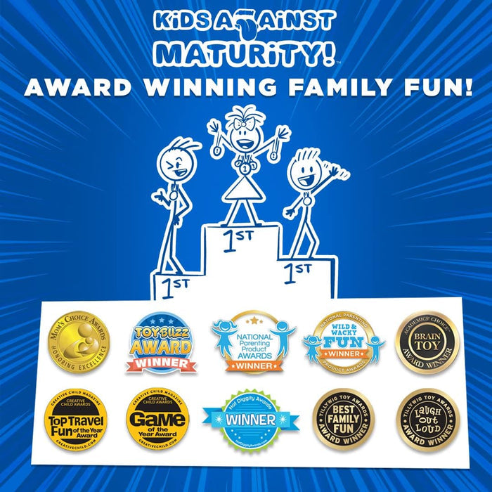 Three white stick figures on a first-place podium above ten award seals against a blue sunburst background.