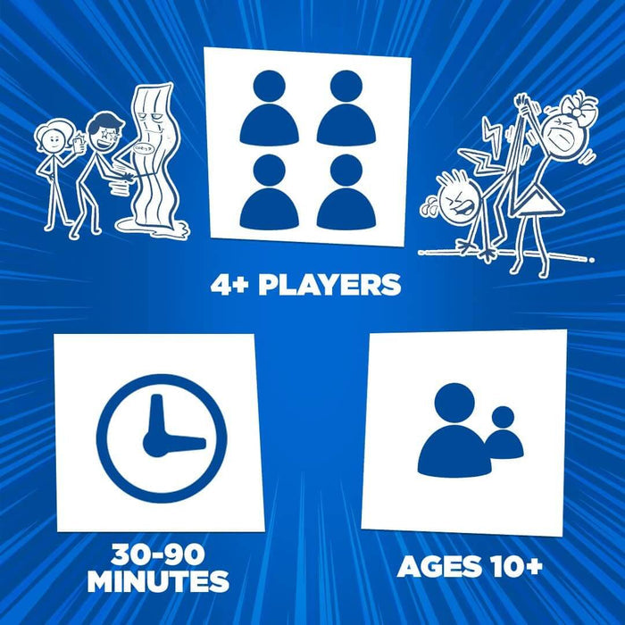 Blue graphic with game stats: 4+ players, 30-90 mins, and ages 10+. Includes humorous white stick figure illustrations.